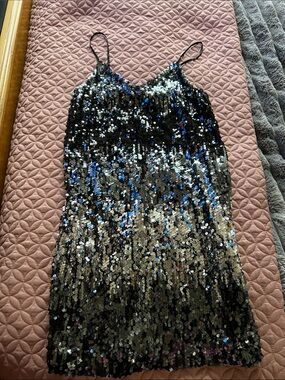 Express Black and Silver Sequin Mini Slip Dress